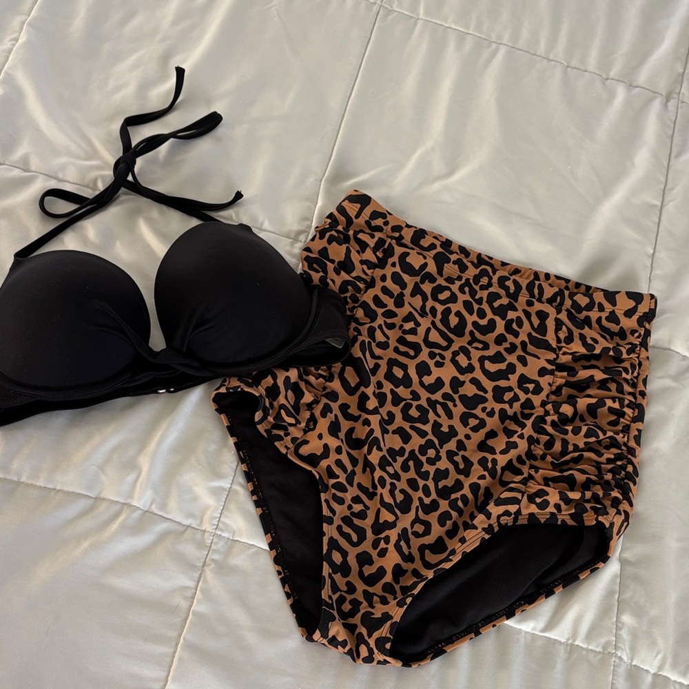 Black Bikini Top and Leopard Print High-Waisted Bottoms